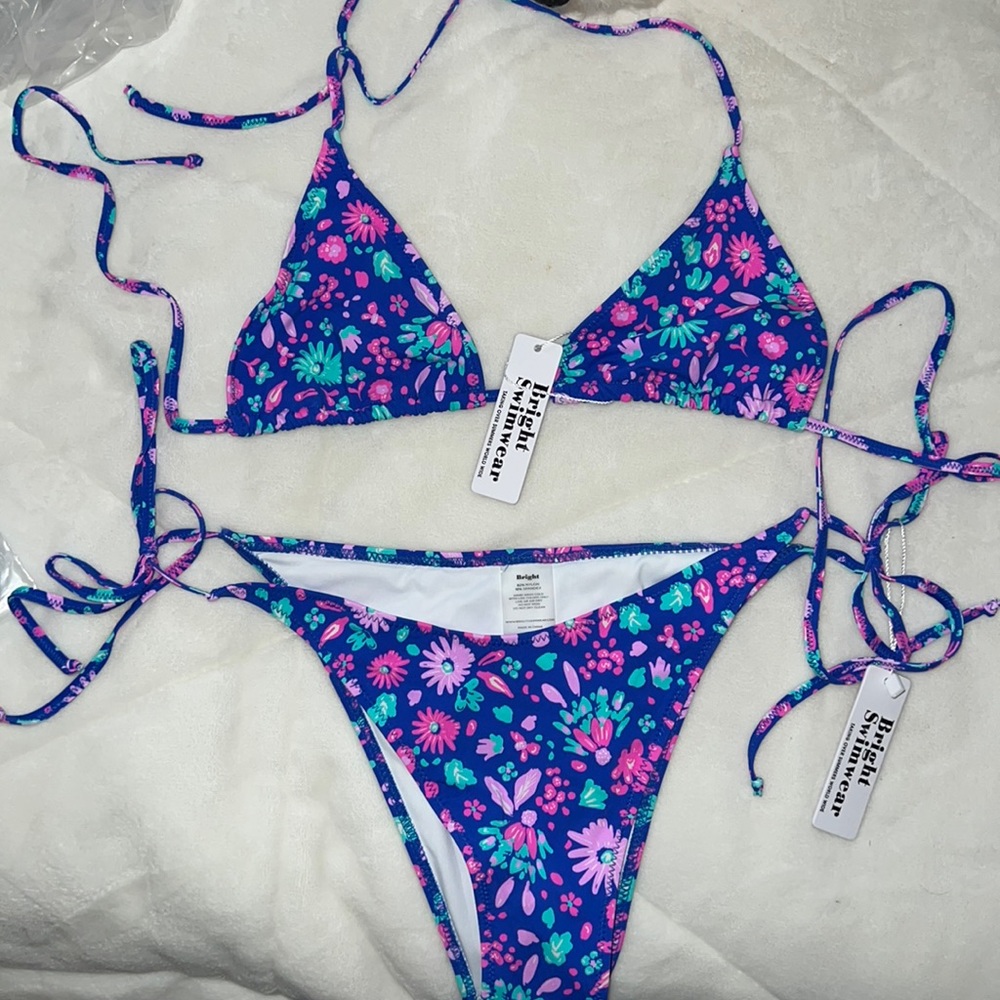Floral Triangle String Bikini Set - Blue/Pink